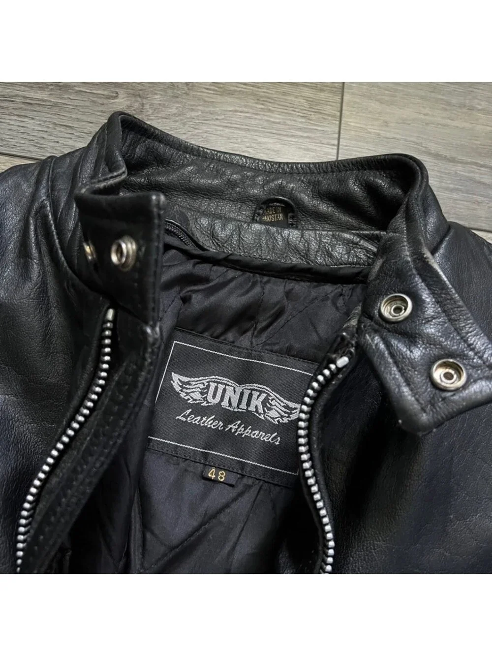 Vintage Unik Men's 48 Cafe Racer Motorcycle Jacket Black Leather Zip Pockets